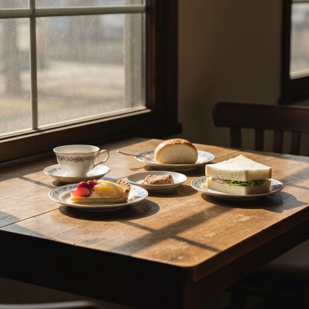 Calm dining scene with modest portions